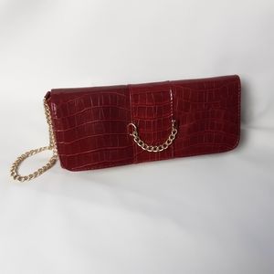 Red Croco Embossed Handbag With Chain Details